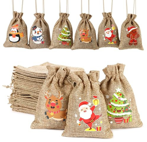 EDWINENE 12 Weihnachten Jutesäcke mit Kordelzug kleine hessische Geschenktüten für Weihnachten Party Favors