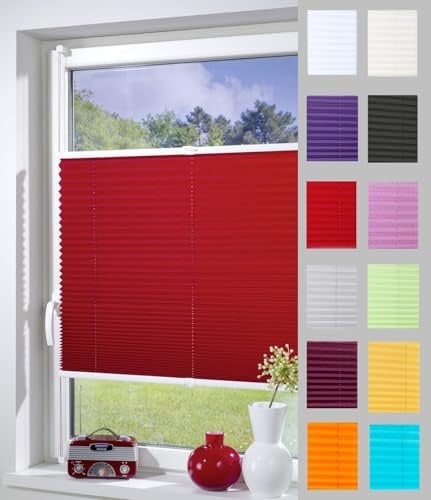 DécoProfi Plissee ohne Bohren ROT 100cm x 220cm (max. Gesamthöhe Fensterflügel) I Verspannte Plissees nach Maß mit Klemmträger/Klemmfix I Blickdichte Innenrahmen-Plissees zum Klemmen