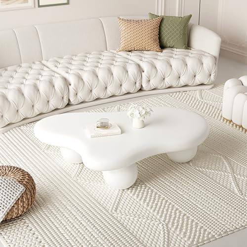 Unregelmäßiger Couchtisch in Wolkenform, moderner Holz-Beistelltisch 39 × 27 in Creme, einfacher Stil für Wohnzimmer, Schlafzimmer – 3 Kugelbeine – L 100 cm x B 69 cm x H 30 cm