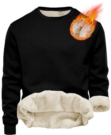 Herren Sweatshirt Winter Dickes Fleece Pullover Casual Rundhals Gefüttert Sweater Warm Langarm Pulli Winterpullover (Schwarz, L)