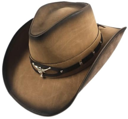 QmjdDymx Cowboyhut aus Leder für Männer und Frauen, Cowgirlhut mit breiter Krempe, handgefertigt, Cowboyhüte Outback, Khaki, Größe 56-60 cm