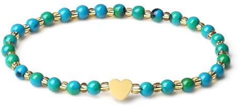 MetJakt Handgemachter Naturstein Perlenarmband 4MM Mini Stretch Armband Energiearmbänder 18k vergoldet Herz Armbänder für Damen Damenschmuck Echtes (Chrysokoll)