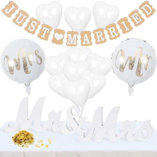 Hochzeitsdeko Set, Just Married Girlande Hochzeit Deko, Konfetti Hochzeit Tischdeko, Mr & Mrs Deko Hochzeit Buchstaben Folienballon, Mr & Mrs Buchstabenschmücken, Hochzeitsdekorationen für Jahrestag