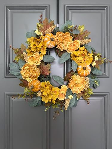 24 Thanksgiving Fall Wreath - Handmade With Orange Faux Pumpkin, Hydrangea, Peony, Camellia - Autumn Flowers Front Door Decor
