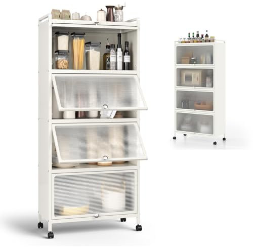 KOMFOTTEU Estantería de Cocina de 5 Niveles, Armario con 4 Ruedas y Puertas Transparentes, Mueble de Almacenamiento de Metal con Dispositivo Antivuelco para Comedor, 60 x 32 x 154 cm (Blanco)