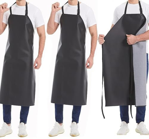 BURNTOP 3 Pack Waterproof Rubber Adjustable Apron 40 Aprons for Men Heavy Duty Chemical Resistant Work Apron Extra Long Grilling Aprons for Dishwashing Lab Butcher Cooking Kitchen Black