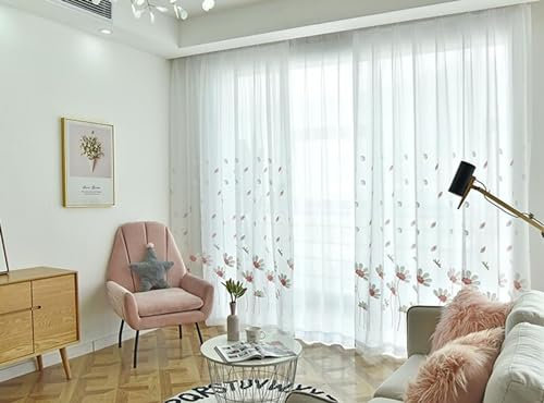 Daesar Lot de 2 Rideaux Salon Voilage Rose, Rideau Semi Transparent à Crochets Motif Libellules et Fleurs Broderie Rideaux Intérieurs pour Chambre Maison, Rose 86x214CM