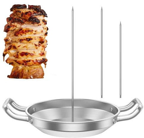 Foppla Al Pastor Skewer Stainless Steel Vertical Skewer Stand BBQ Vertical Skewer Pan with Plate and 3 Removable Spikes Detachable Vertical Rotisserie for Barbecue Grills Smokers Oven(Picture)