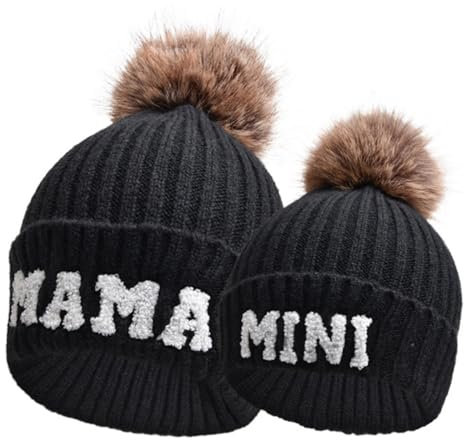 Kunyeah 2PCS Eltern-Kind Beanie Mütze Frauen Stickerei gestrickt Hut Mama und Baby Matching Hüte Winter Warm Cap mit Pom-Pom (DE/NL/SE/PL, Alphanumerisch, Einheitsgröße, Schwarz)