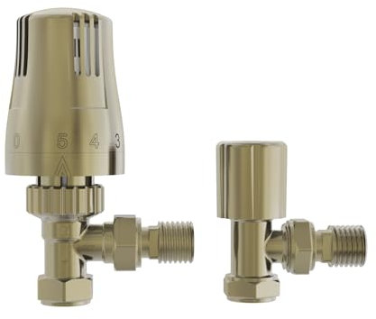 NRG Modern Thermostatic Lockshield Angled Radiator Valves 15mm Central Heating Taps Brushed Brass
