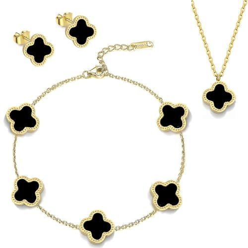 Vikrami lighting Four-Leaf Clover Jewellery Set for Women Rose Gold Plated Stainless Steel Girls Black Four-Leaf Clover Pendant Necklace Stud Earrings Jewellery Set