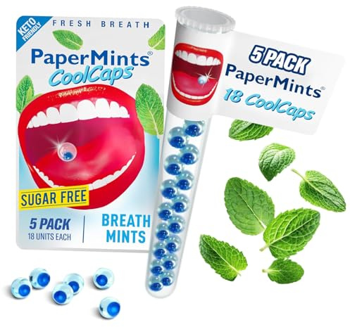 PaperMints CoolCaps - Instant Fresh Breath Mints zuckerfrei, 5 Tuben á 18 Kapseln, Extreme Mundgeruch Behandlung für Erwachsene, Breath Freshener Perlen für Mundgeruch Behandlung Keto-freundlich
