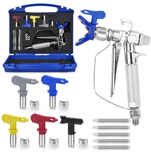 Airless Pistola a Spruzzo Kit 3600 PSI Airless Pistola a Spruzzo Top, con protezione della testa dell'ugello e 5 teste reversibili dell'ugello, 5 filtri e alloggiamento (211,315,415,517,623)