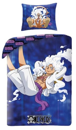 Halantex Juego de cama One Piece Monkey D. Luffy GEAR5 - Funda nórdica de 140 x 200 cm con funda de almohada de 70 x 90 cm - 100% algodón Oeko-Tex - Azul