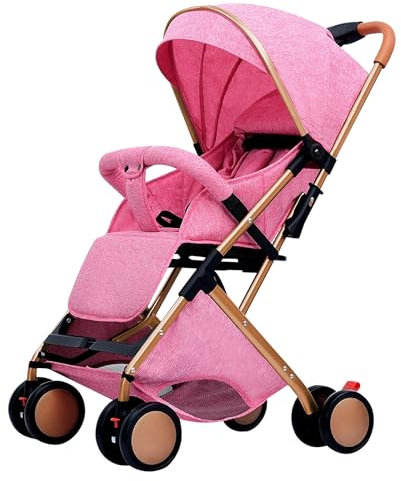 MENGDA Poussette 3 en 1 Ultra Compacte avec Moustiquaire, Poussette Canne Voyage 0-6 Ans - Noir/Jambes Dorées, Siège Réversible, Roues EVA 6 (rose)