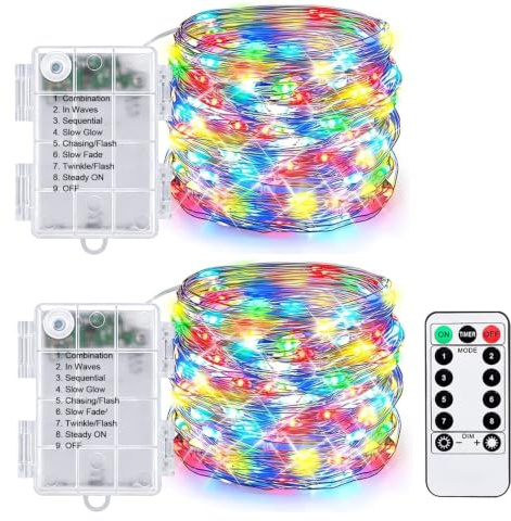 2x Micro Lichterkette Batterie 5m 50er LED mit Timer Bunt Silberdraht | 8 Modi mit Fernbedienung Für Schlafzimmer, Geschenke, Party, Garten, Weihnachten, Halloween, Valentinstag, Hochzeit Deko