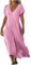 Robe Femme en Coton Lin Pas Cher Robe Chic et Elegant Soldes Robes d'été à Manches Courtes à Col en V de Couleur Unie Robes de Plage Fluide Swing Décontractée
