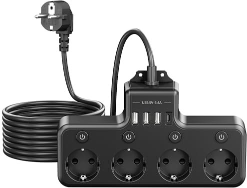 Vipwell Regleta de pared con interruptor, enchufe múltiple con USB-C y USB-A, conmutable individualmente, 4 enchufes con cable alargador de 2 m para oficina, juegos, hoteles