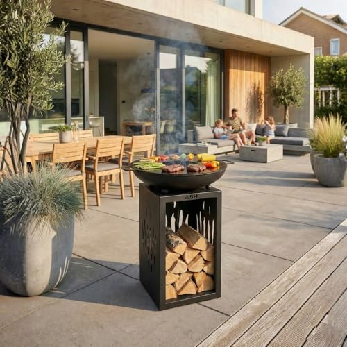 Plancha - BBQ - Grill - Brasero - Barbecue - Noir - Plaque de cuisson - Extérieur - Anneau de barbecue - Cheminée de jardin - Rangement du bois - Aspect luxueux