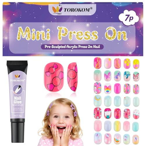 168 Stück Press-On-Nägel Für Kinder, TOROKOM 7PCS Schmetterling, Regenbogen | Süße Künstliche Kindernägel Zum Aufkleben Kurze Künstliche Nagelkunst, Mit Aufbau-Nagelkleber, Für Mädchen Von 14+ Jahren