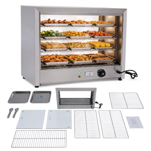 awolsrgiop Vitrina Calefactora 4 Pisos, 800W, Temperatura Ajustable 30-85°C, Vitrina de Acero Inoxidable, Área de Almacenamiento: 56,6 x 30 cm, para Comercios y Restaurantes