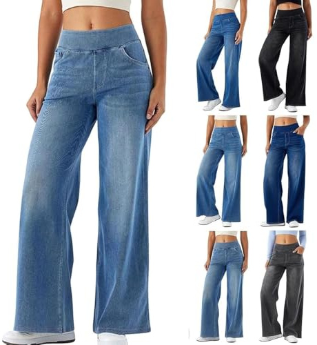 Breda ben jeans för kvinnor Storbritannien, dra på stretch raka ben säckiga träningsbyxor Palazzo jeans elastisk hög midja denim byxor med fickor damer lounge träningsbyxor lös löpning vandring
