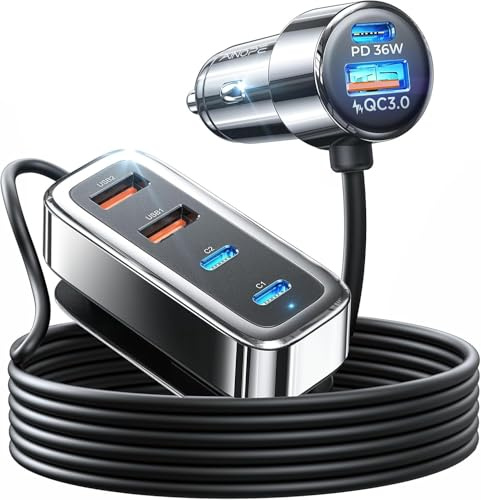 AINOPE 108W Car Charger Cigarette Lighter Adapter Multi Socket, 6-Port USB C Car Charger Fast Charge PD36W&PPS&QC3.0, 12V Car USB Adapter Car Accessories for iPhone 17 Pro Max 16 Google Pixel 10 iPad