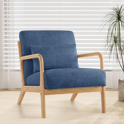 XH.Easy Go Modern Accent Chair with Pillow,Comfy Armchair with Wood Frame,Upholstered Mid-Century Reading Lounge Arm Chair for Living Room Bedroom,Blue