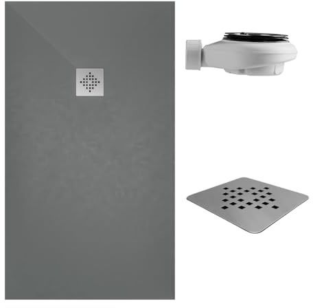 SoulHome Receveur de douche Résine 180x80 Ciment Grille Standard | Antidérapant C3, extra-plat, résine et charge minérale, texture pierre lisse, antibactérien, gel-coat, + bonde d'évacuation