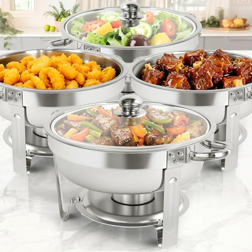 XYJBHB Chafing Dish Full Set, Round 6QT Stainless Steel Catering Chafer with Visible Glass Lid, Buffet Food Warmers for Parties Events Weddings, Silver, 4 Pack