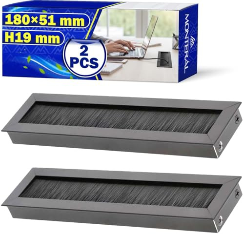 MONTERAL 2 Piezas Pasacables Escritorio 180 x 51 mm H19 mm Color Negro | Pasacables Mesa Escritorio con Cepillo - Garantía de 10 Años - MONTERAL