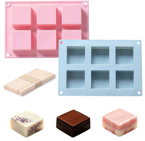 2pcs 6-Cavity Chocolate Bar Mold with 20 Pcs Wooden Spoons | for Baking Rice Cereal Bars, Brownies, Cornbread, Pudding, and Butter,Deep DIY Handmade Soap Moulds