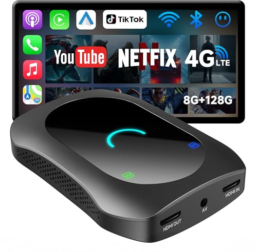 8GB+128GB Car Video Box with HDMI Input/Output, 4G LTE, Dual-BT DriveChat, AI Box CarPlay Wireless for Netflix/YouTube/TikTok/TF Card