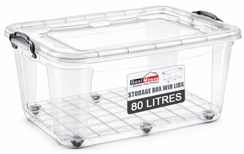 BH | Plastic Storage Box with Lids and Wheels | LARGE Size | 80L (L:63.5cm W:40.5cm H:33.5cm) | Set of 1 | Stackable Clear Durable Multipurpose Office Toys Home Tools Crafts Household - by Best House