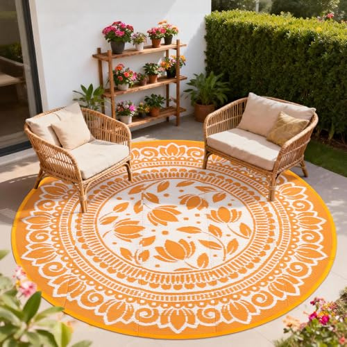 GEANUP Outdoor Teppich Rund Schwarz 180 cm, Boho Wetterfest Wendbarer Outdoorteppich, Kunststoff Terrassenteppich, UV-beständige Balkon Teppich für RV Camping Deck Patio Strand Garten Picknick Orange