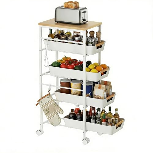 Uwoodia 5-Tier Slim Storage Trolley on Wheels, Metal Kitchen Rolling Cart with Pull-Out Baskets, Wooden Top Narrow Space Utility Cart Slide Out Organizer for Kitchen, Bathroom, Laundry Room, White