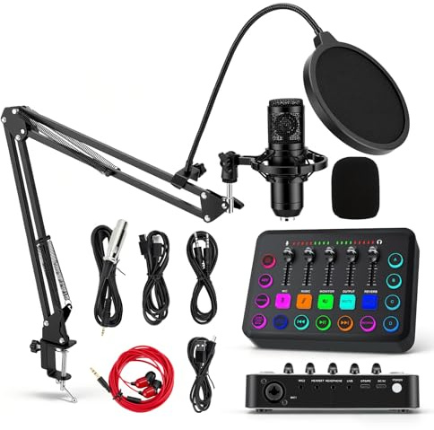 Podcast Mikrofon Set mit Audio Interface & Soundkarte – BM-800 Kondensatormikrofon für Live-Streaming, Gesang, Gaming & Aufnahme, kompatibel mit PC/Laptop, YouTube/TikTok