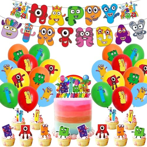 34Pcs Blocks Number Birthday Party Supplies, 1Pcs Happy Birthday Banner and 20Pcs Balloons, Cartoon Theme Party Latex Balloons For Kids Girls Boys Party Decoration Supplies