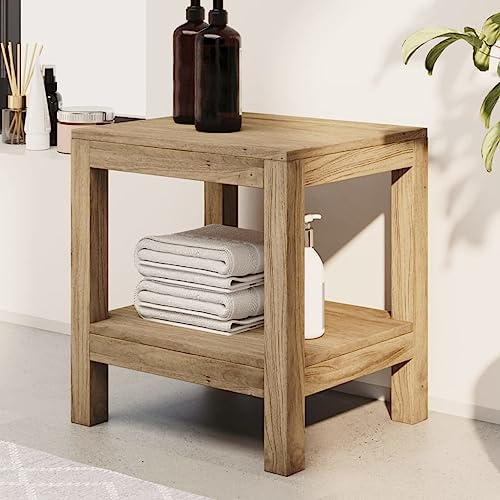 Badezimmer-Beistelltisch aus Massivholz Teak 45x35x45 cm, Badzubehör Organizer mit Ablagefläche, Halter für Dusche, Waschbecken, WC, ideal als Badaccessoire und Ablage