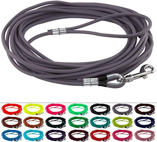 LENNIE Runde BioThane Schleppleine für Hunde von 15-25kg, Ø 6mm, 5m lang, mit Handschlaufe, Grau