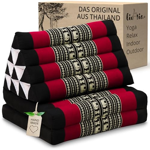 livasia Thaikissen mit 2 Auflagen - 120x50x8cm - Dreieckskissen mit Sitzkissen, Keilkissen mit Kapok, Rückenkissen faltbar, Thaimatte zum Klappen, handgefertigt, Meditationskissen (Schwarz/Elefanten)