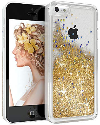 EAZY CASE Hülle kompatibel mit iPhone 5C Schutzhülle mit Flüssig-Glitzer Handyhülle, Schutzhülle, Back Cover mit Glitter Flüssigkeit, aus TPU/Silikon, Transparent/Durchsichtig, Gold