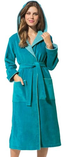 Morgenstern Bademantel Damen mit Kapuze 100% Baumwolle Frottee OEKO-TEX® Morgenmantel Leonie Petrol Größe XL