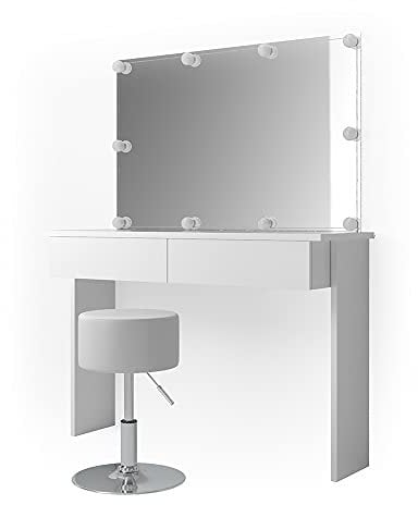 Vicco Schminktisch Azur, Kosmetiktisch mit Spiegel, Weiß, 120 cm mit LED Beleuchtung und Hocker