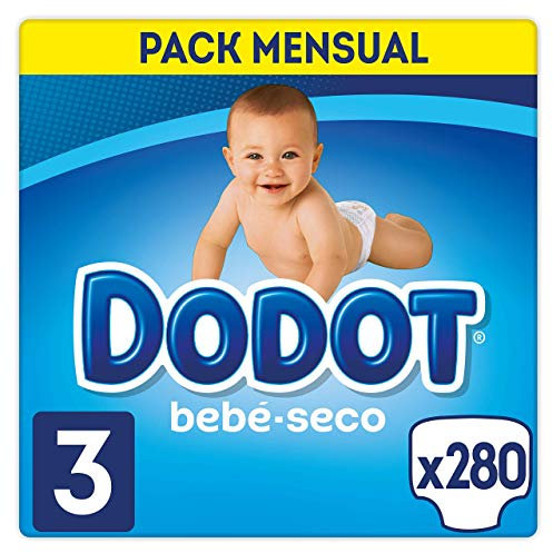 Dodot Pañales Bebé-Seco Talla 3 (6-10 kg), 280 Pañales con Protección Antifugas, Pack Mensual