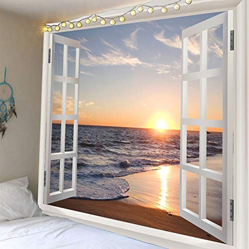 Homiest 3D-Ozean-Wandteppich, Wandbehang, Sonne, Sonnenuntergang, Meer, Strand, Landschaft, Wandteppich, Fenster-Wandteppiche für Schlafzimmer, Wohnzimmer, Heimdekoration, 130 x 150 cm