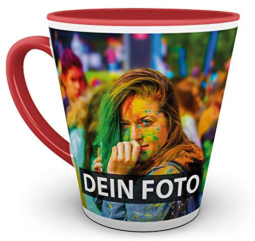 Tasse selbst individuell gestalten/Personalisierbar mit eigenem Foto Bedrucken/Fototasse/Motivtasse/Werbetasse/Firmentasse mit Logo/Konische Tasse Innen & Henkel Rot