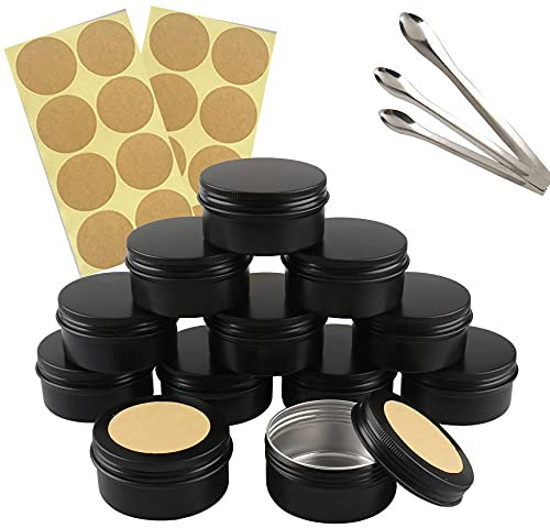 TIANZD 24 Stück Leere 80 ml Rund Matt Schwarz Aluminium Schraubdose Cremedose Alu-Tiegel Dosen mit Schraub-Deckel 15ml Aludose Blechdosen für Kosmetik Kerze Salben mit 3x Löffel 24x Etikette