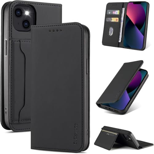 S. Dawezo Handyhülle für iPhone 13 Mini Hülle,Premium Leder Klappbare Flip Case [Stoßfeste][Magnetische][Standfunktion] [Kartenfächern] Tasche Schutzhülle für iPhone 13 Mini-Schwarz