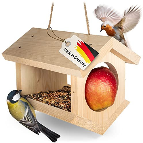 GARDIGO® Vogelfutterhaus für Körnerfutter, Äpfel und Meisenknödel I Made in Germany I Wetterfest, naturbelassen, mit Schnur zum Aufhängen im Garten